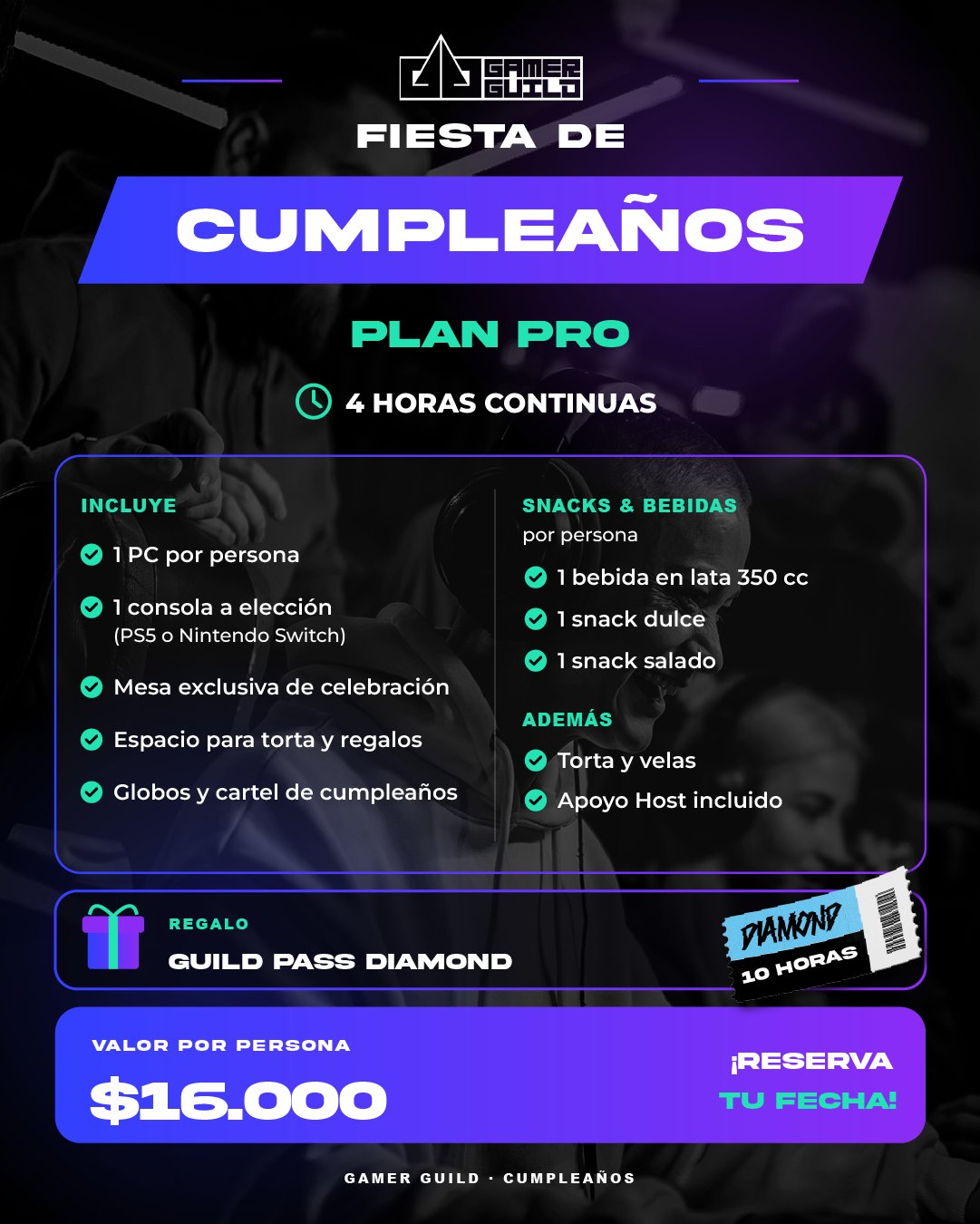 Fiesta de cumpleaños Gamer Guild. Plan Pro: 4 horas continuas, 1 PC por persona, consola a elección, mesa de celebración, snack y bebida por persona, torta y velas, regalo Guild Pass Diamond. 16.000 por persona