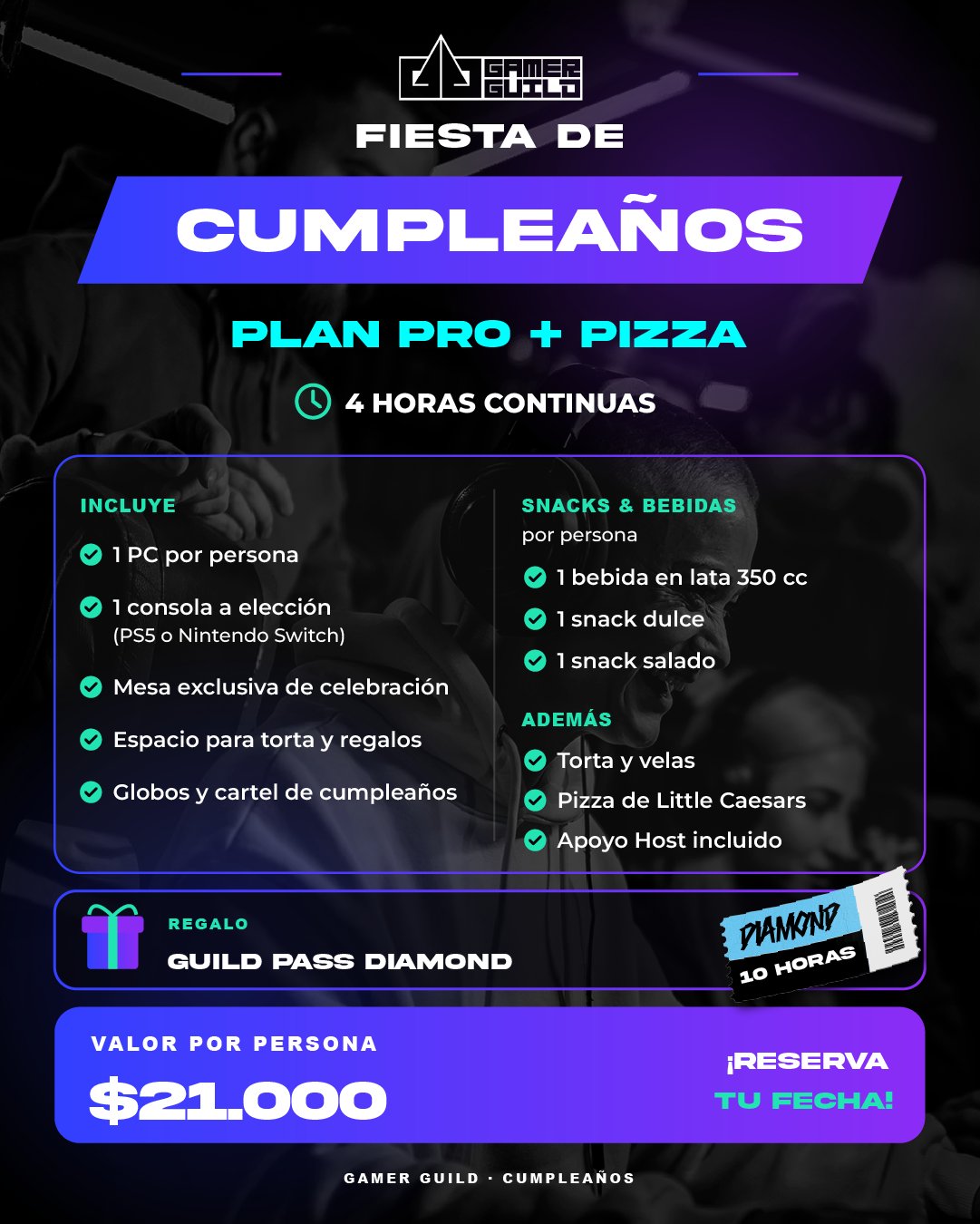 Fiesta de cumpleaños Gamer Guild. Plan Pro + Pizza: 4 horas continuas, 1 PC por persona, consola a elección, mesa de celebración, snack y bebida por persona, torta y velas, pizza Little Caesars, regalo Guild Pass Diamond. 21.000 por persona